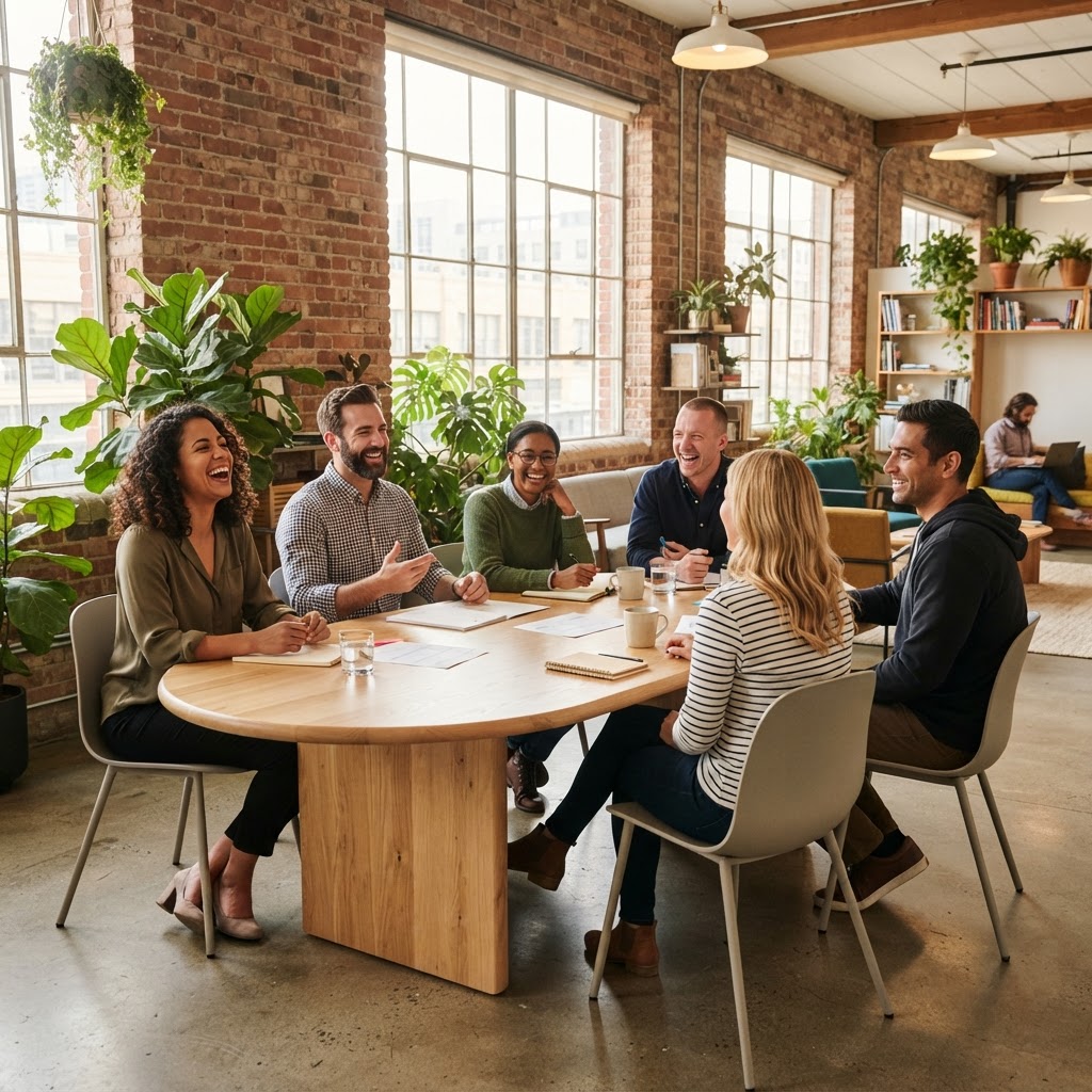 Diverse team laughing in a sunlit modern office