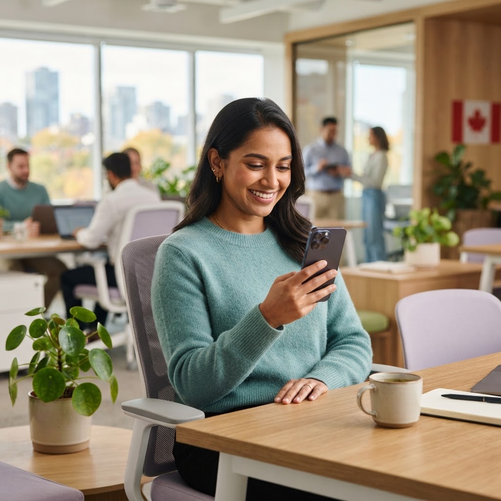 Professional worker checking wellness benefits on mobile