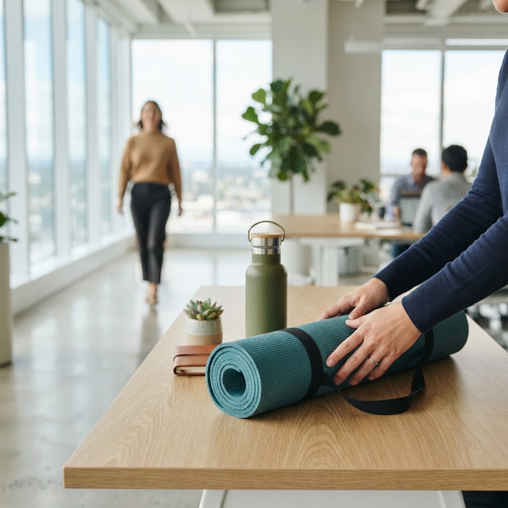 Yoga mat and water bottle on office desk