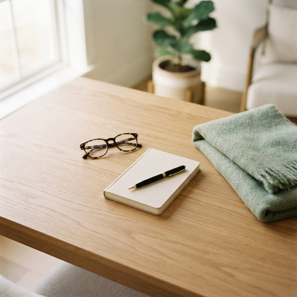 Close up of desk items representing clarity and organization