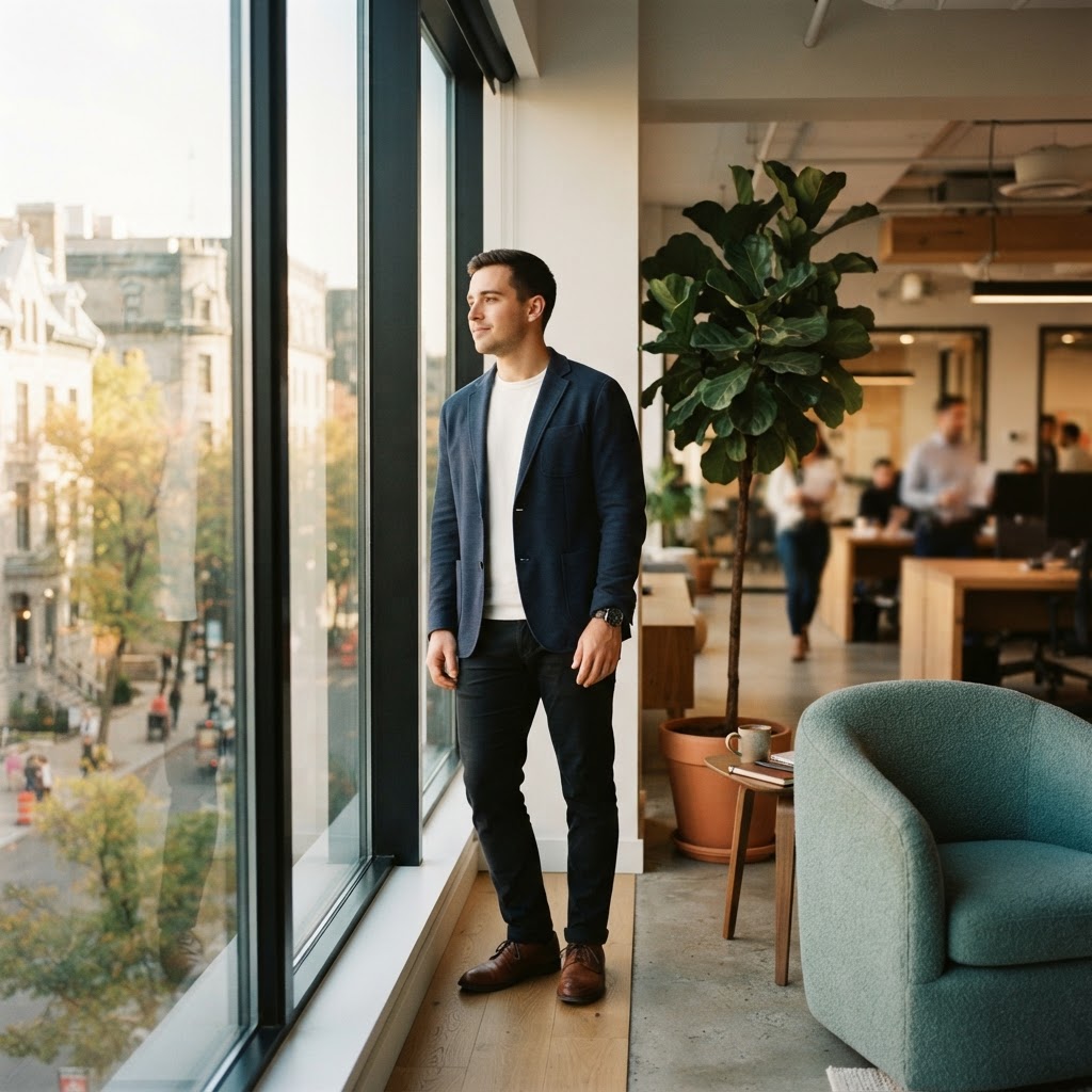 Employee looking out a window in a supportive office space