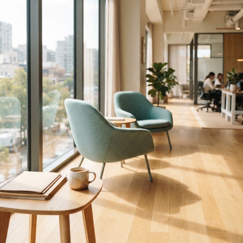 Modern office lounge area with warm natural light