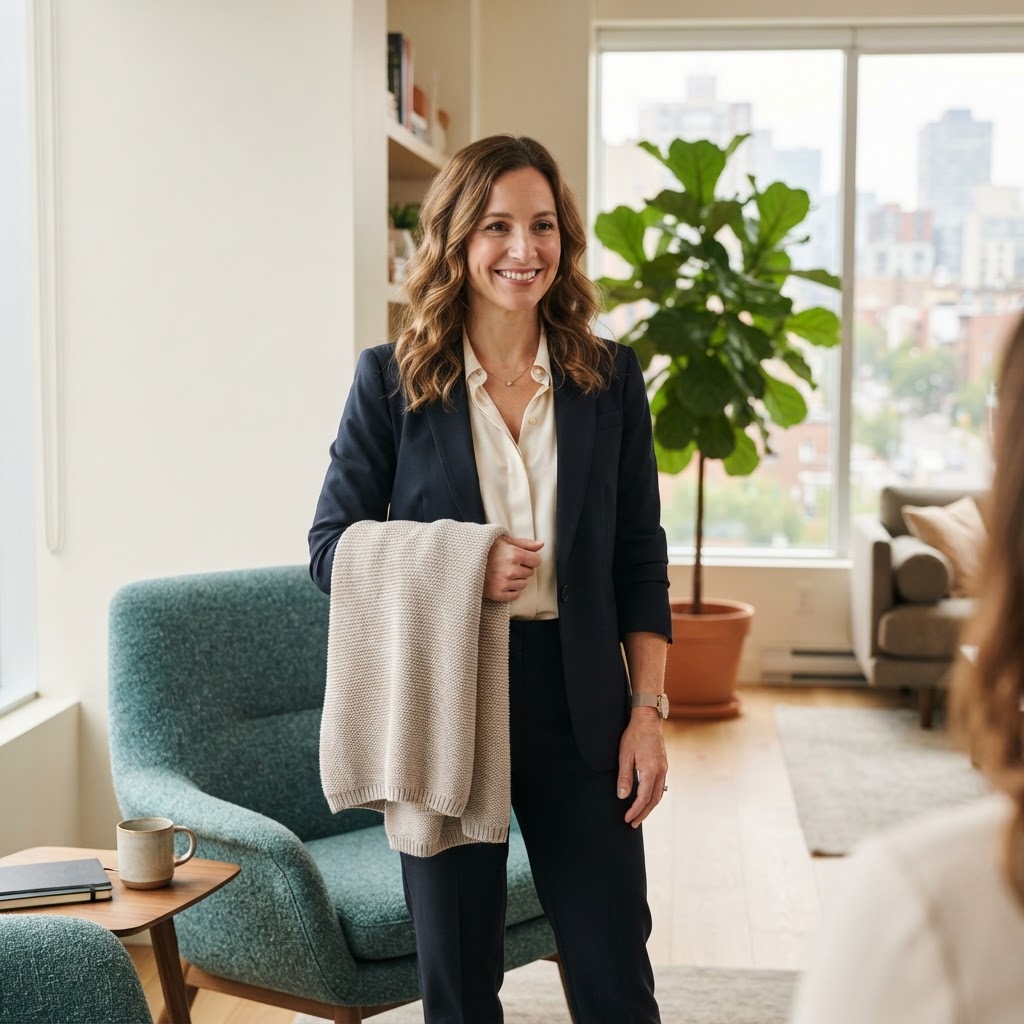 Professional employee holding a baby blanket in a modern office
