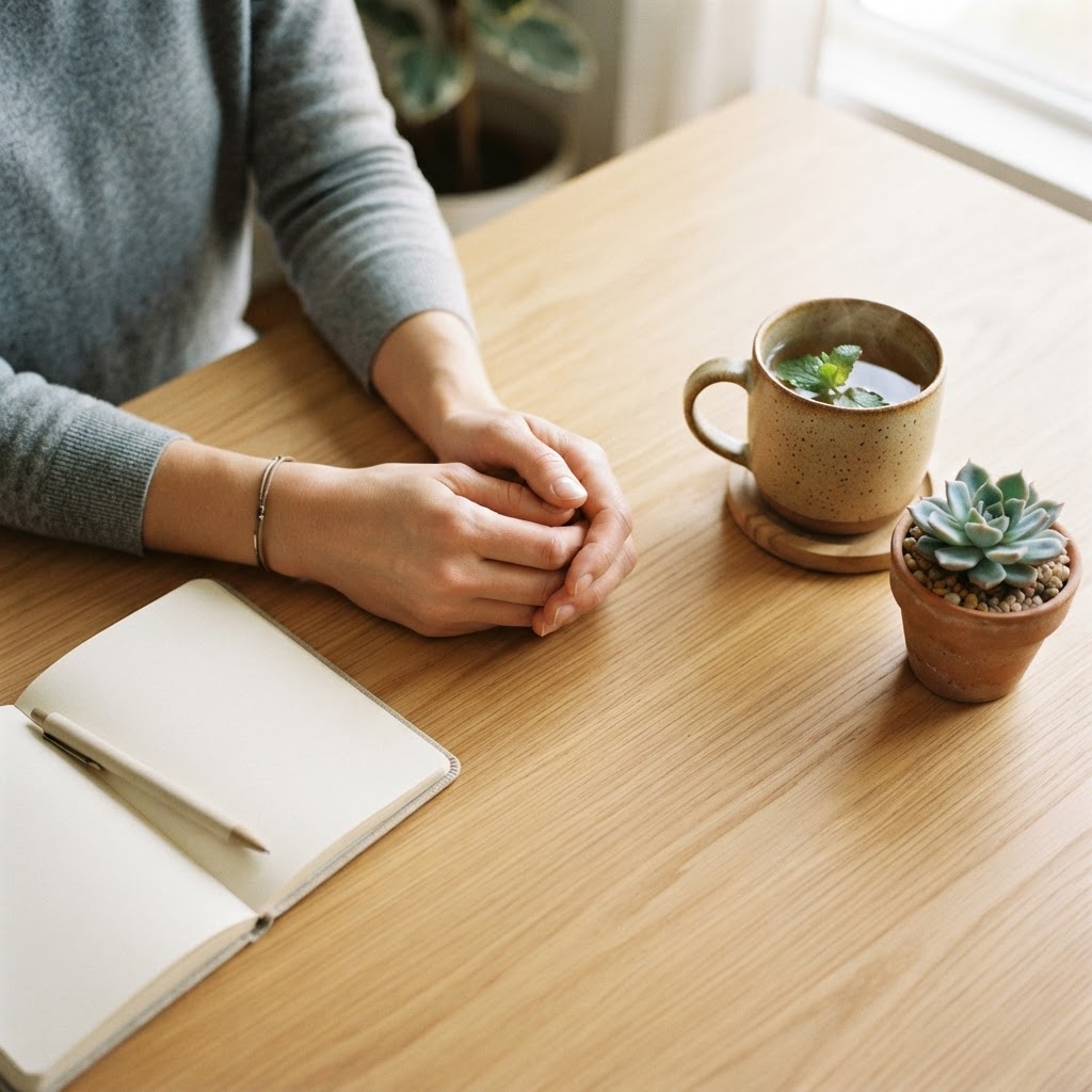 Calm workspace detail with tea and plant symbolizing wellness