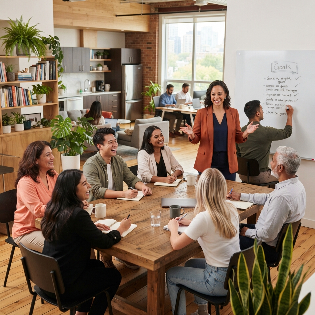 HR manager leading a positive wellness planning meeting in a bright office