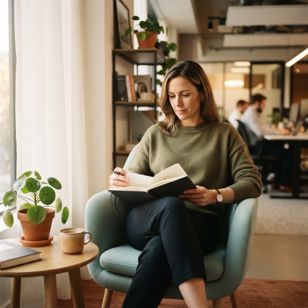 A professional relaxing in a modern office armchair with a notebook