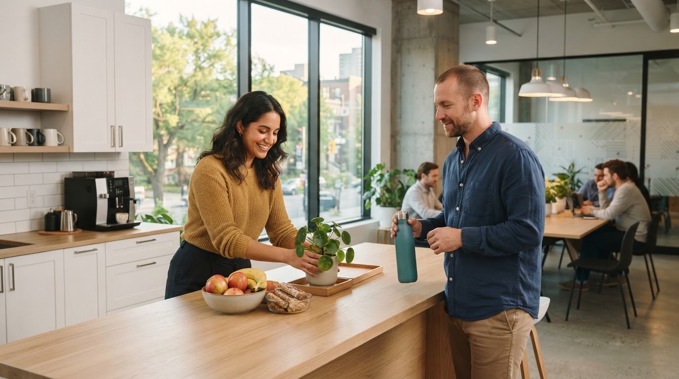 Two colleagues organizing an office break area in a sunlit office