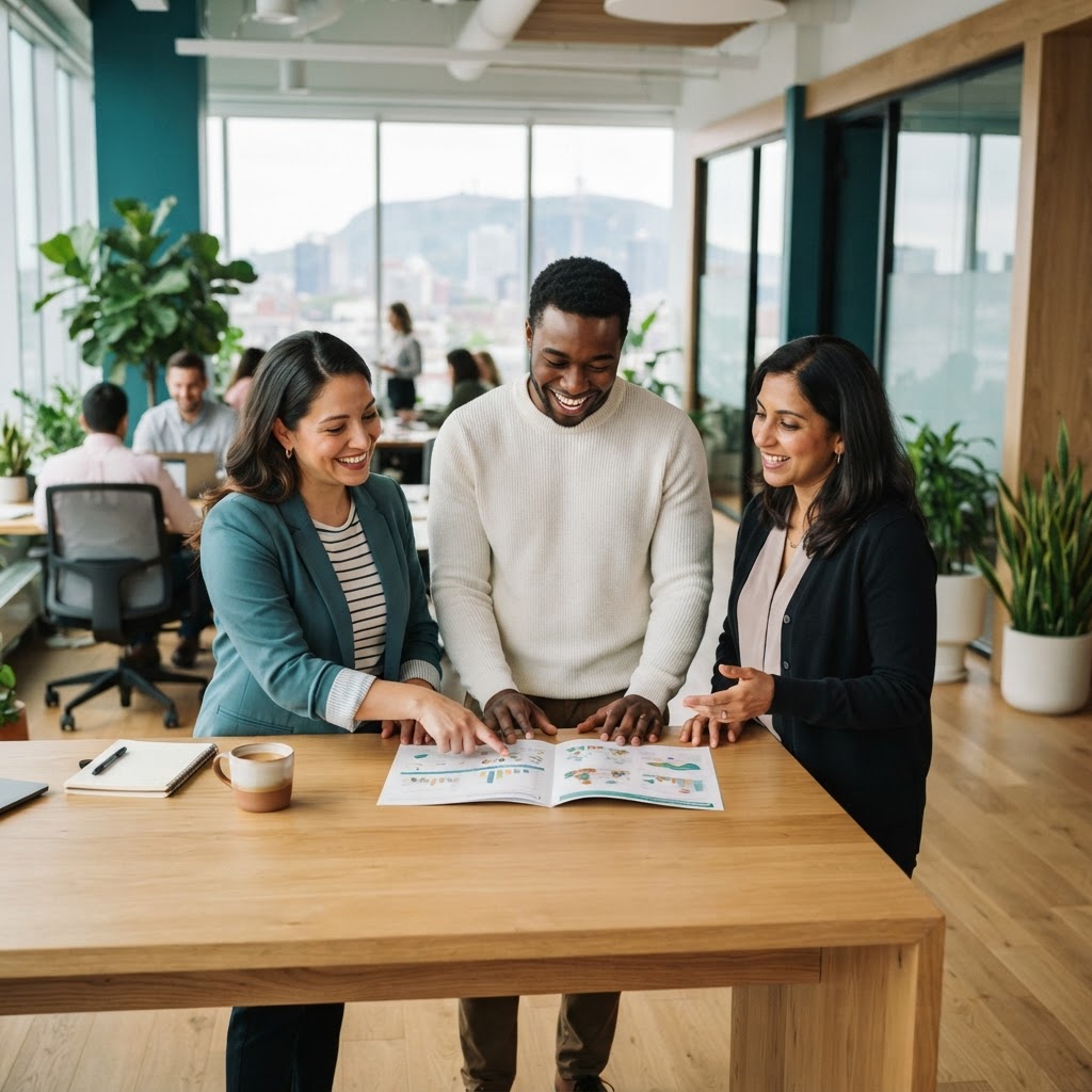 Colleagues collaborating in a bright modern office