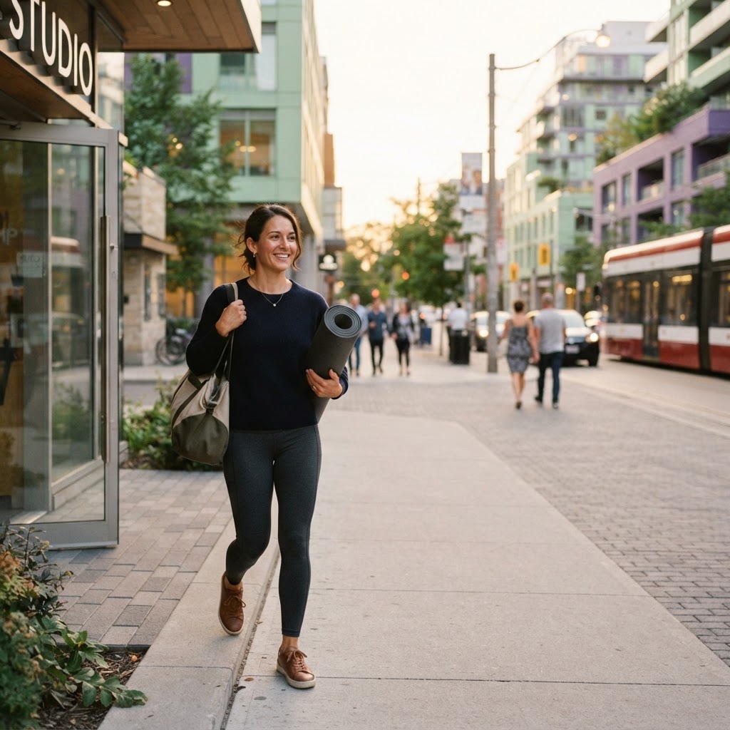Professional leaving a fitness studio feeling refreshed