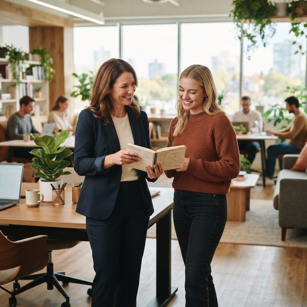 HR leader discussing benefits with an employee in a bright office