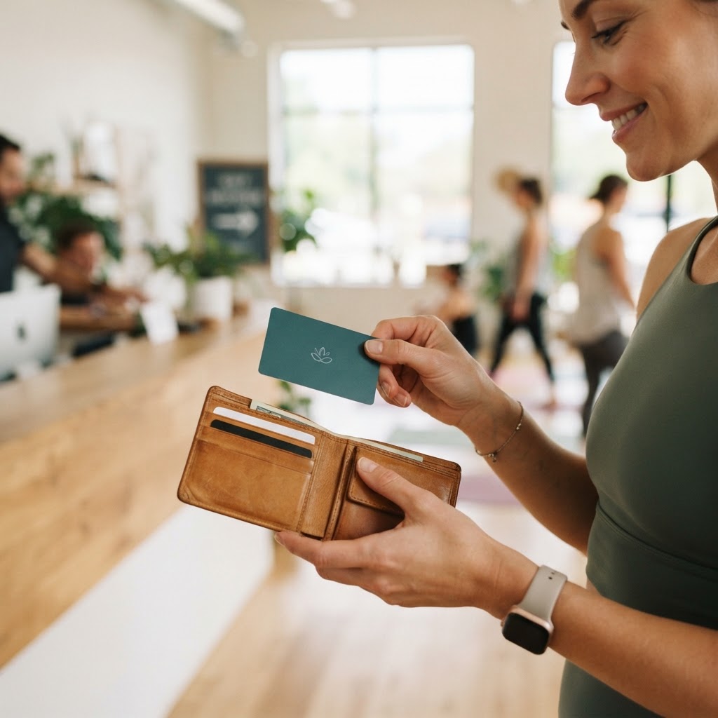 Person holding a fitness membership card after a workout