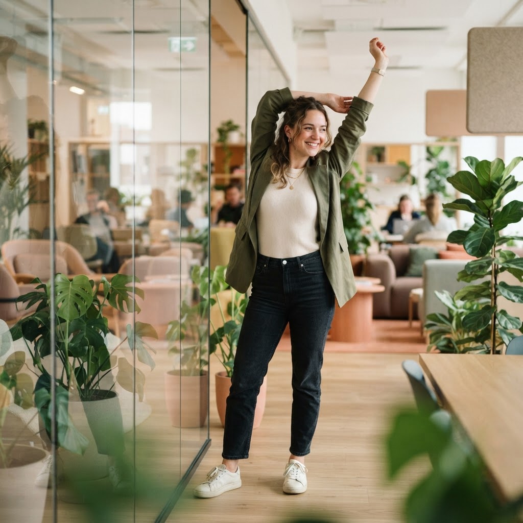 Employee relaxing in a modern sunlit office space