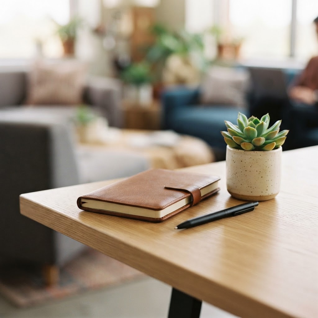 Minimalist desk space with notebook and succulent plant