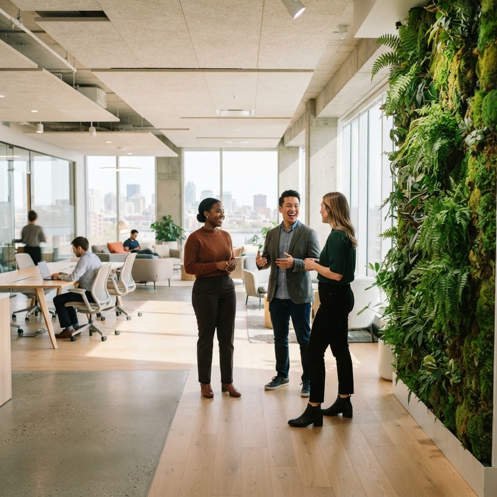 Small team talking near a green wall in a bright office
