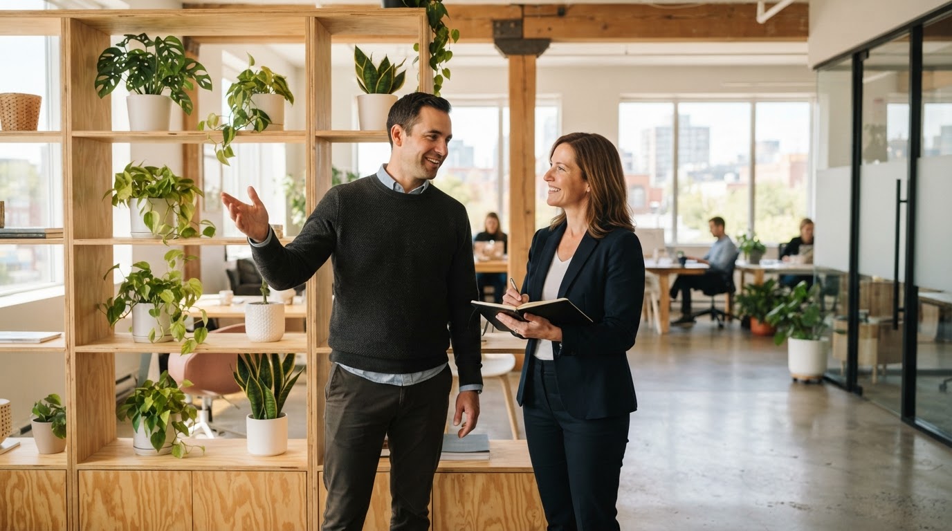 Two business professionals discussing company benefits in a sunny office