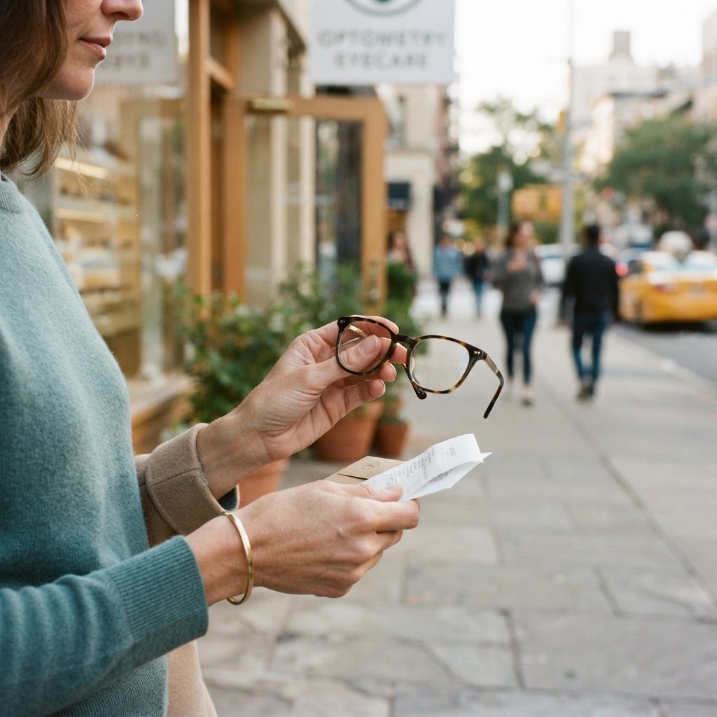 A person holding new eyeglasses and a receipt outside an optometrist