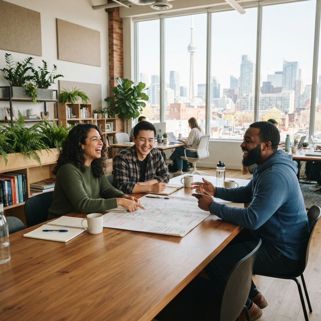 A small diverse team collaborating in a bright modern office