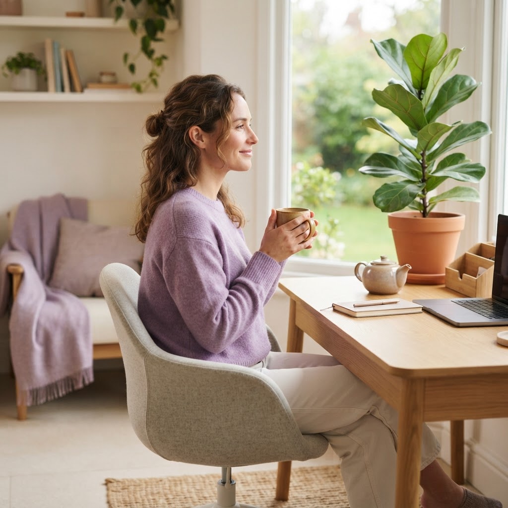 An employee relaxing in a comfortable home office setting