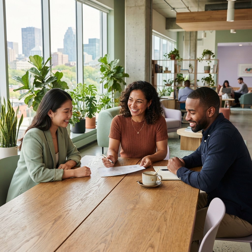 Diverse professional team collaborating in a modern bright office