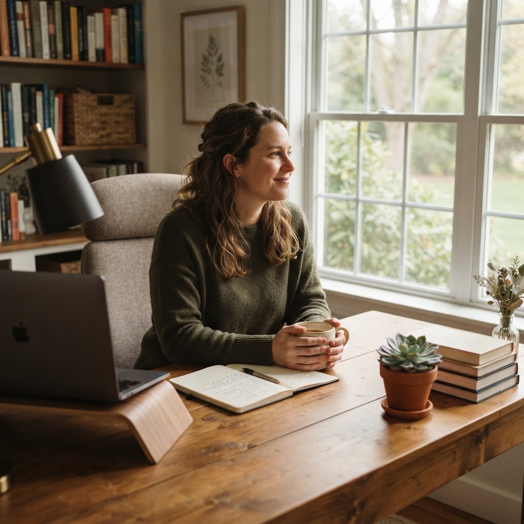 Professional working comfortably in a serene home office