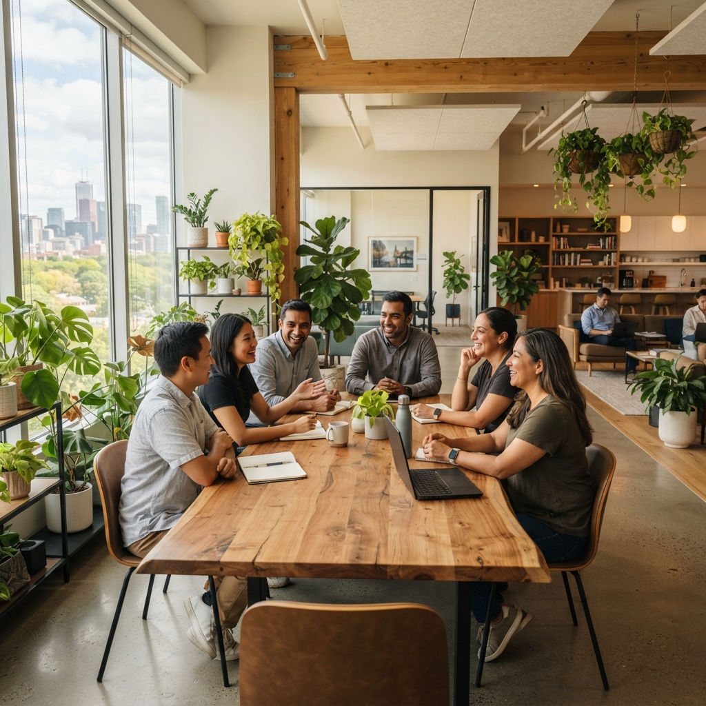 Diverse team collaborating in a modern warm office