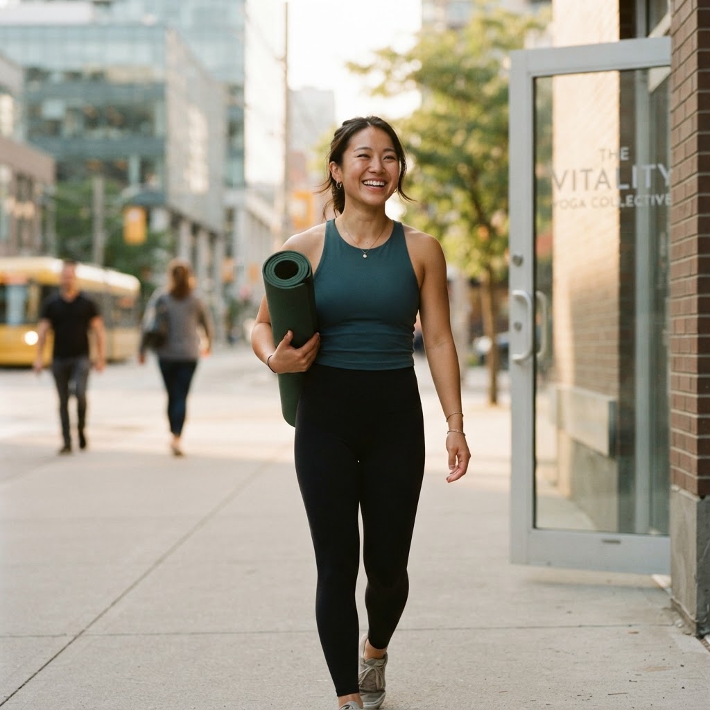 Person leaving a yoga studio feeling refreshed