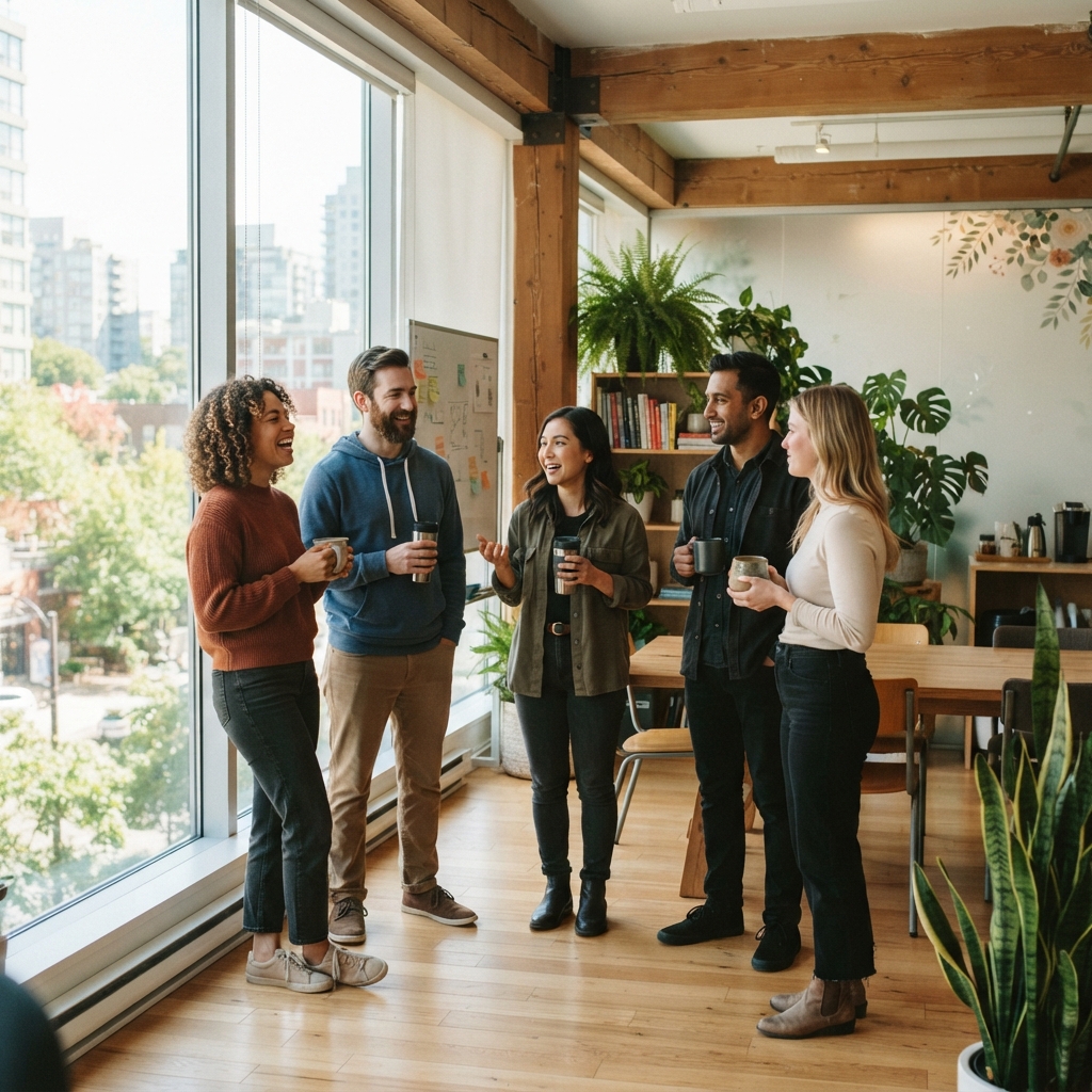 Small team of coworkers talking in a bright office