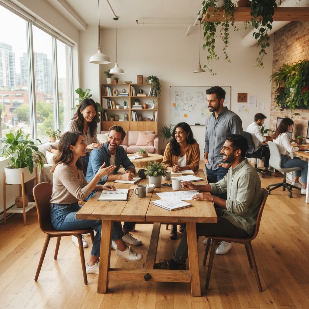 Diverse team collaborating in a modern office