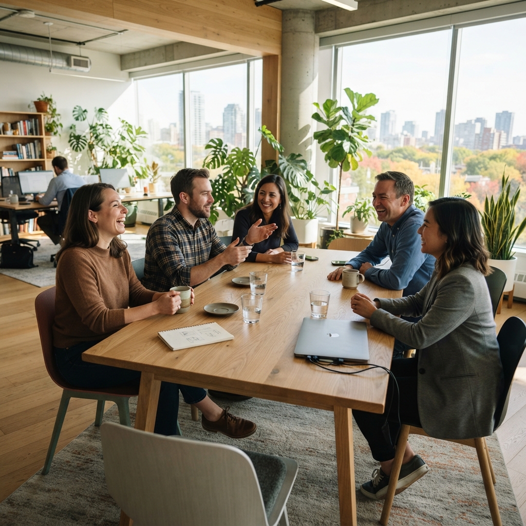 Diverse team interacting in a modern open office environment