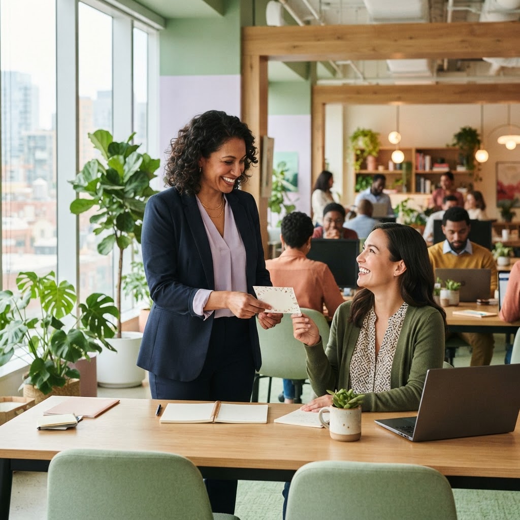 Manager congratulating a team member in a bright modern office