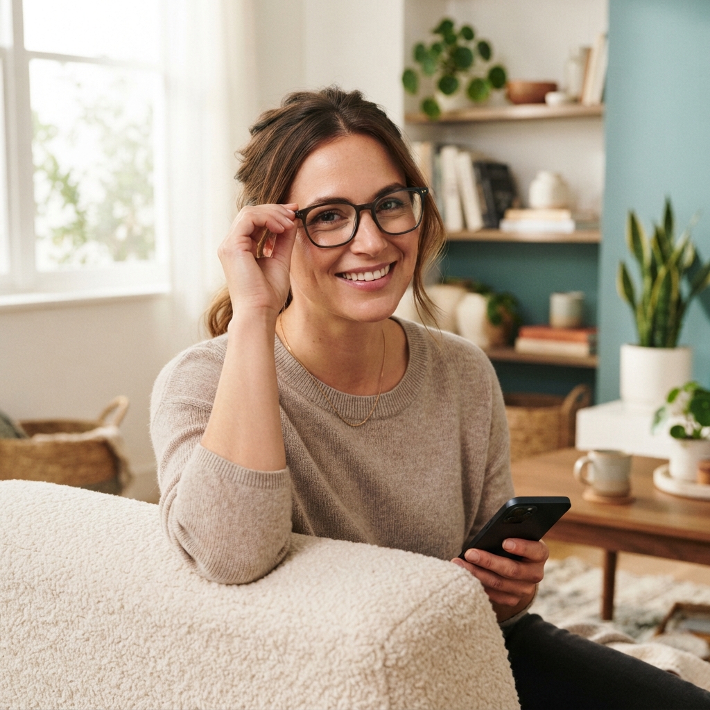 Person feeling empowered while using health benefits at home