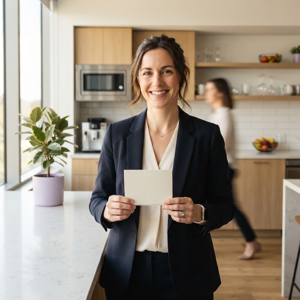 A happy employee holding a gift reward in a modern office