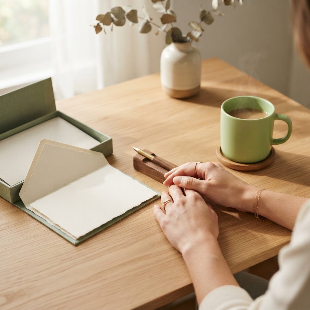 Hands resting on a desk with a small reward gift
