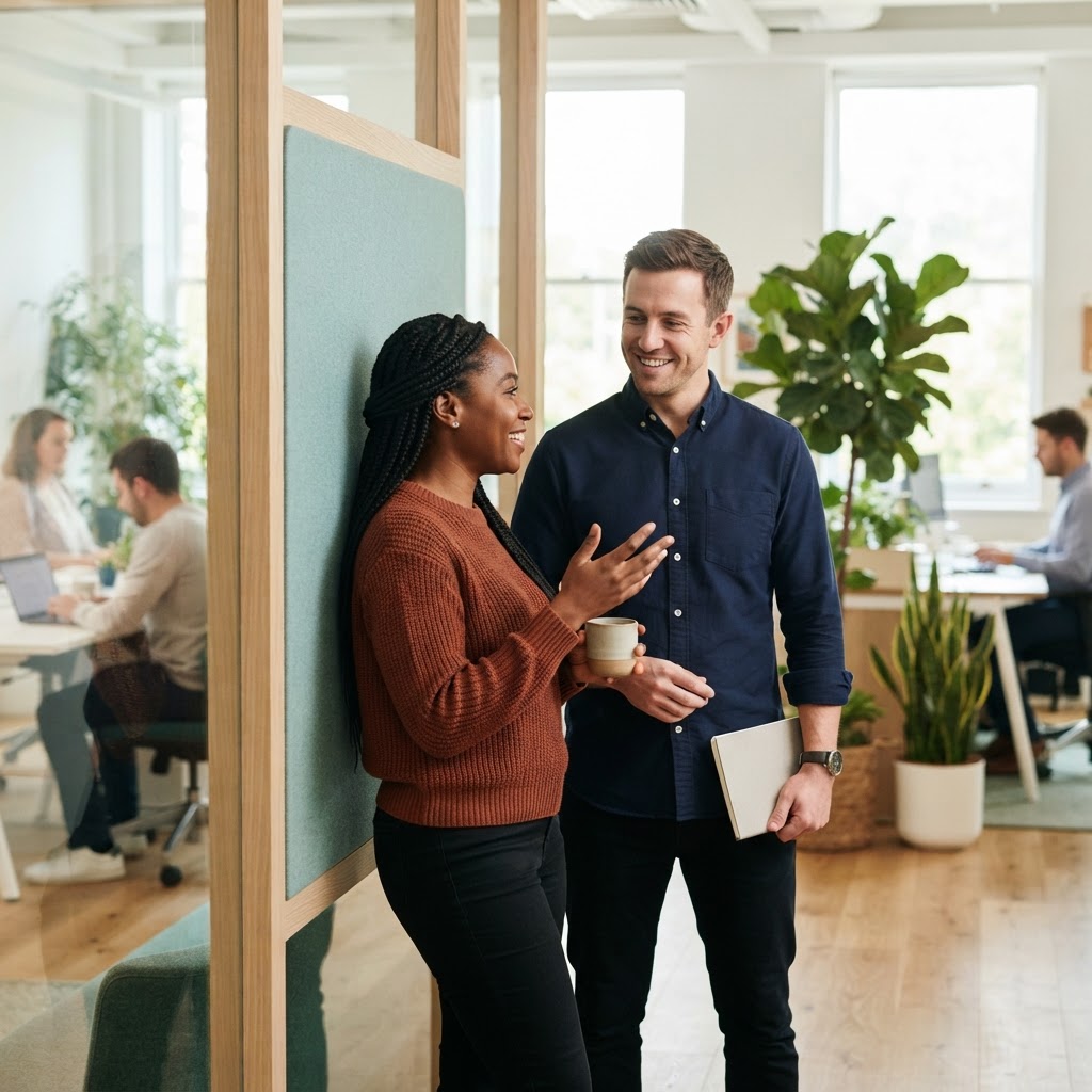 Two colleagues sharing a moment of appreciation in a modern office