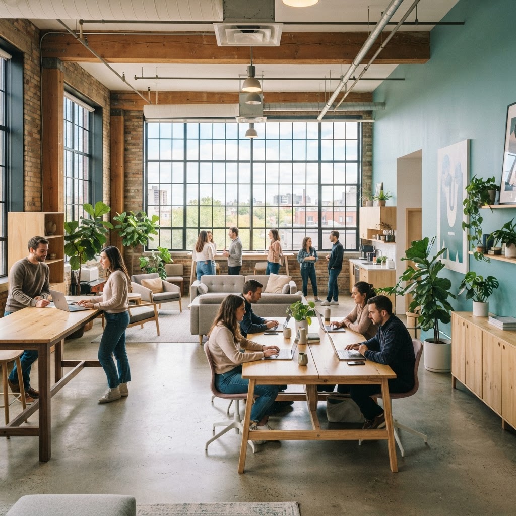 Wide view of a modern open-plan office space