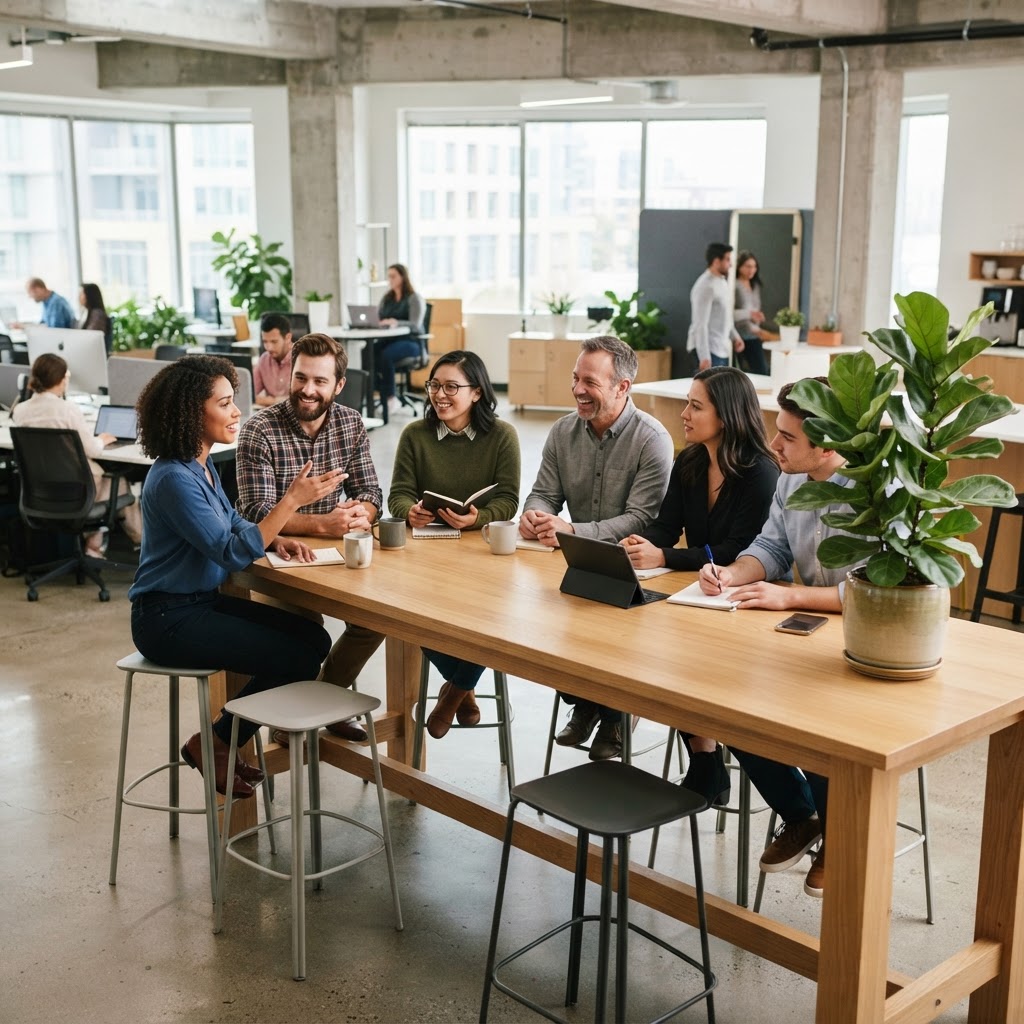 Diverse team gathered at a modern office communal table
