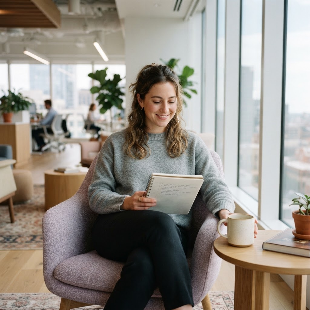Employee relaxing in a modern office lounge chair