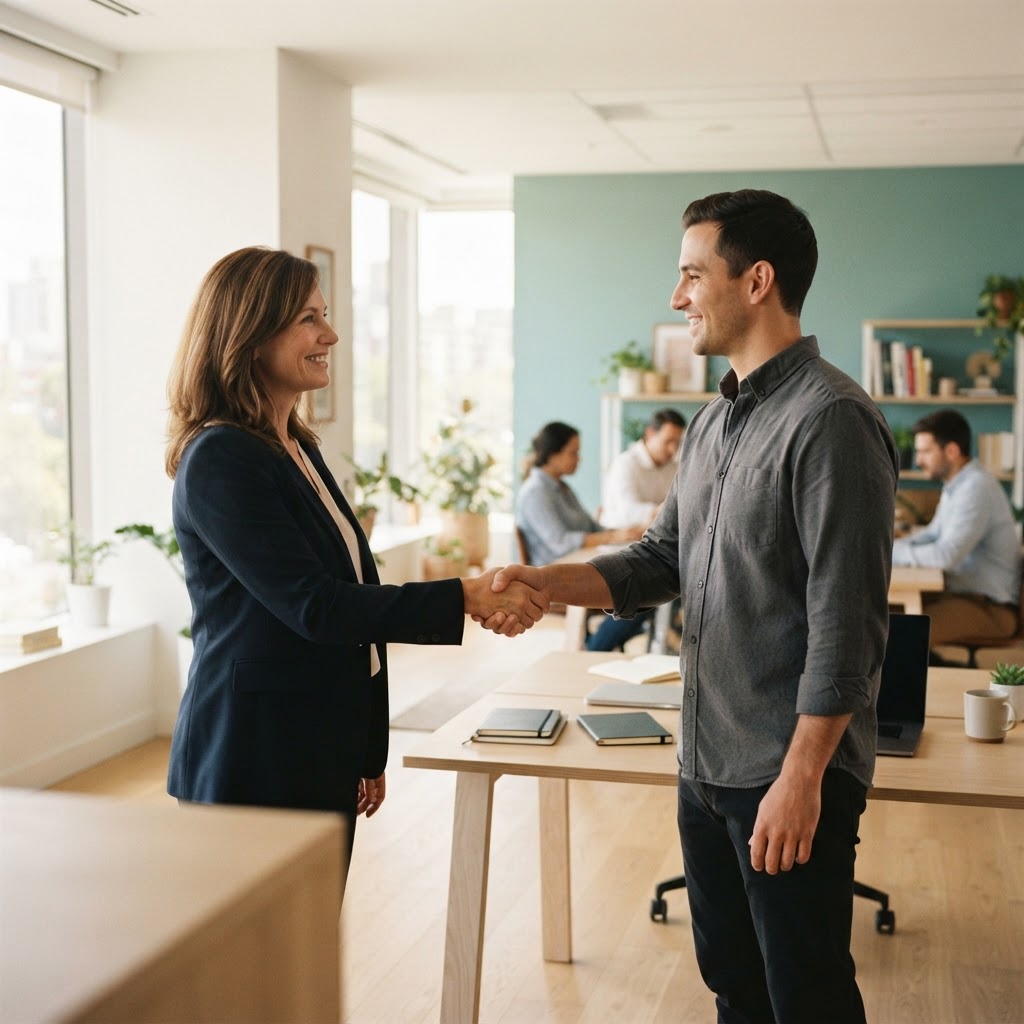 Manager and employee shaking hands in a modern office