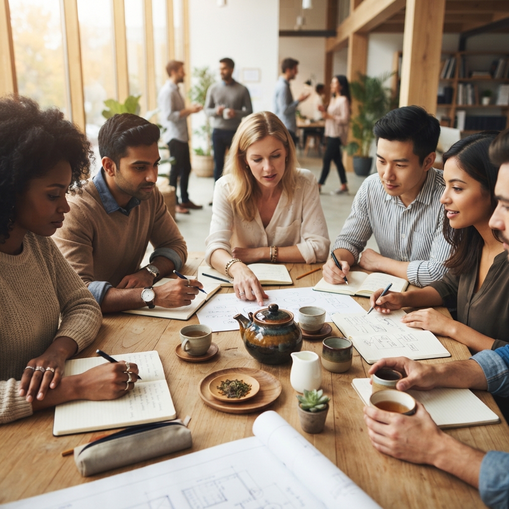 Colleagues collaborating at a table in a bright office