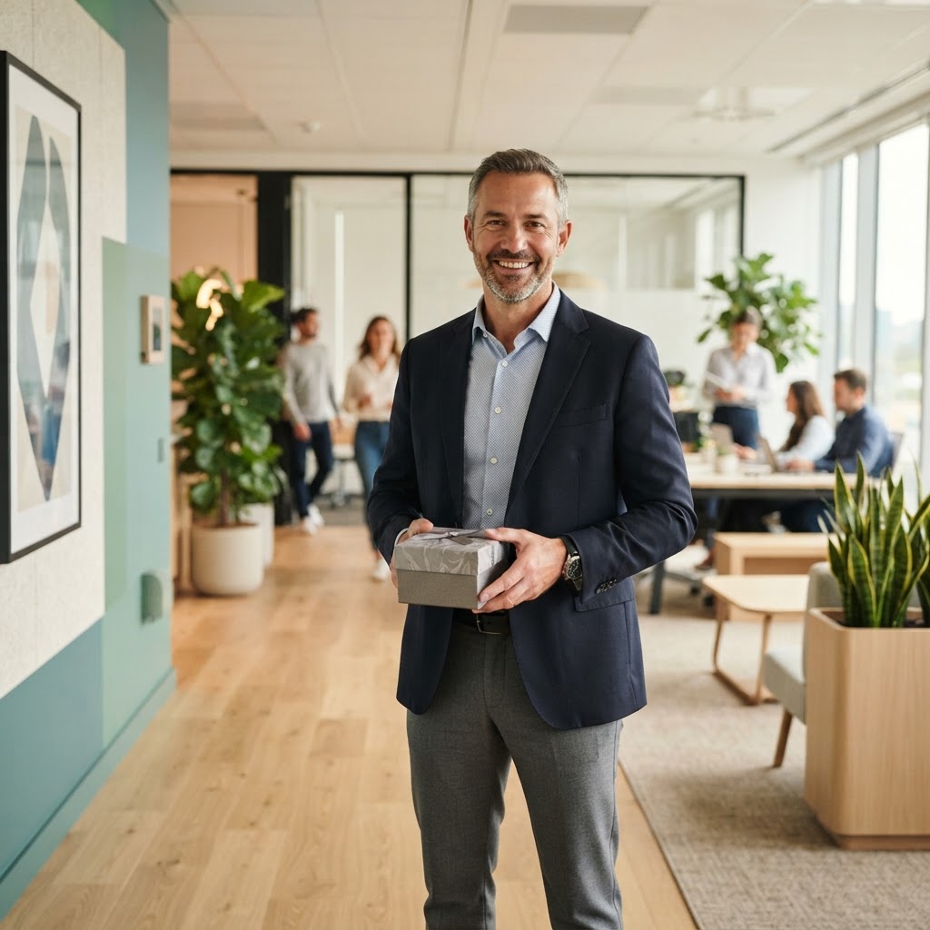 Employee holding a work anniversary reward in a modern office