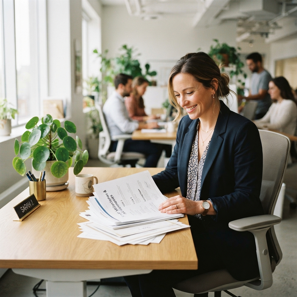 HR manager reviewing employee milestone documents in a modern office