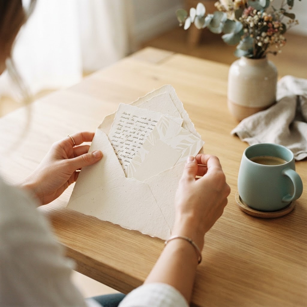 Hands opening a personal recognition card and gift