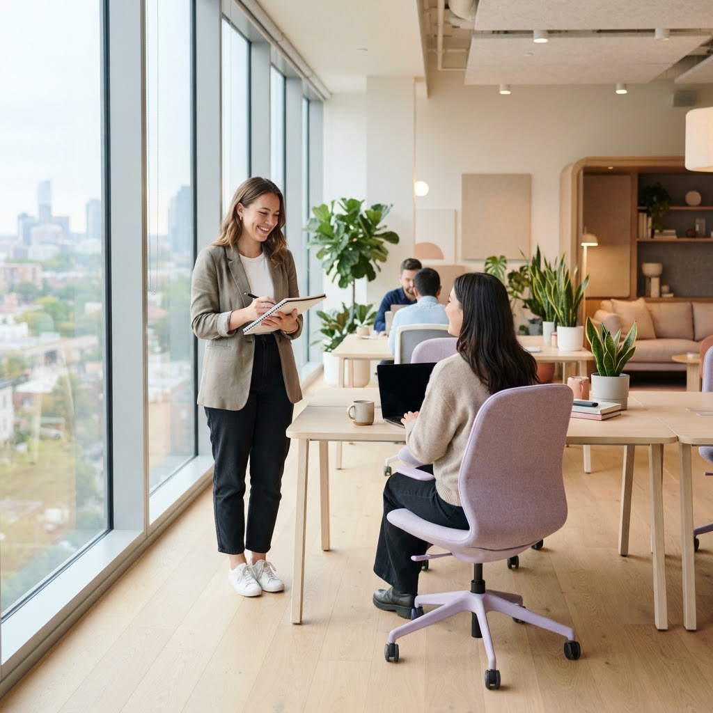Modern office space with team members interacting