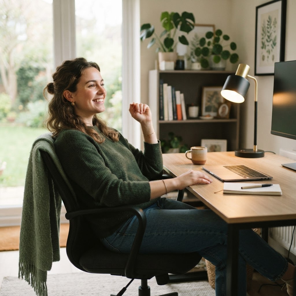 Person feeling satisfied in a clean home office