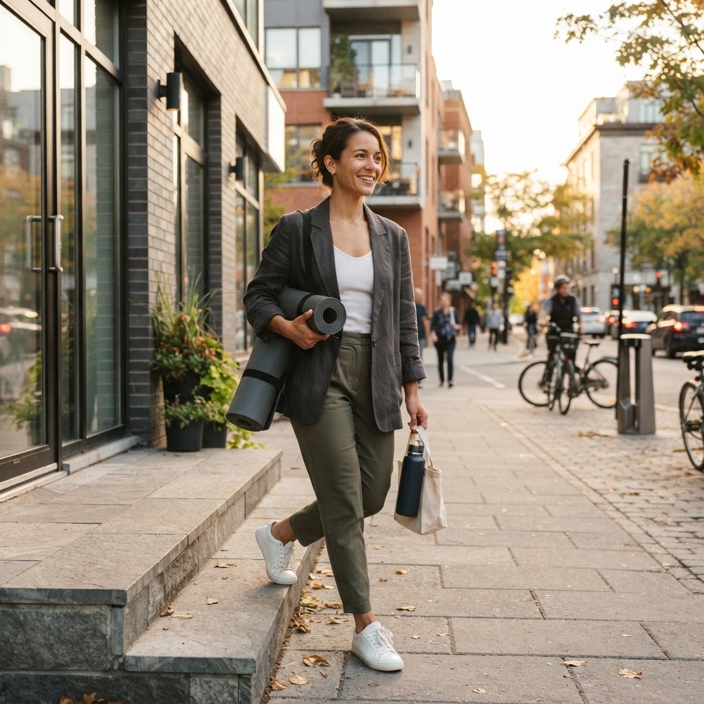 Employee leaving a yoga studio after a wellness activity