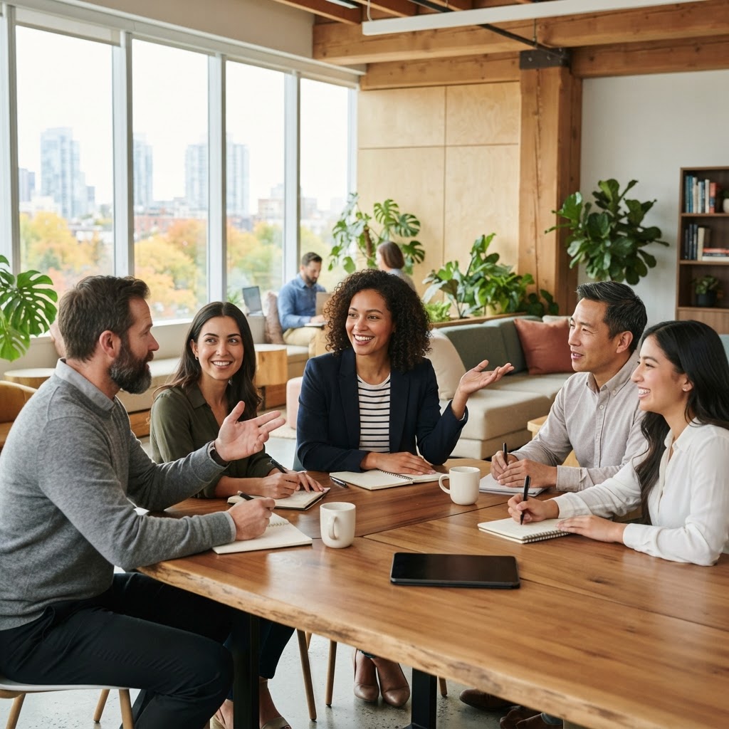 HR team planning employee wellness programs in a modern office