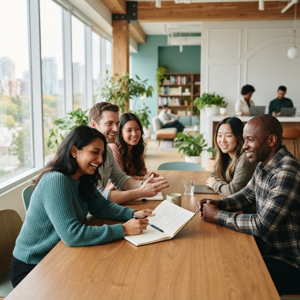 Colleagues collaborating in a bright modern office