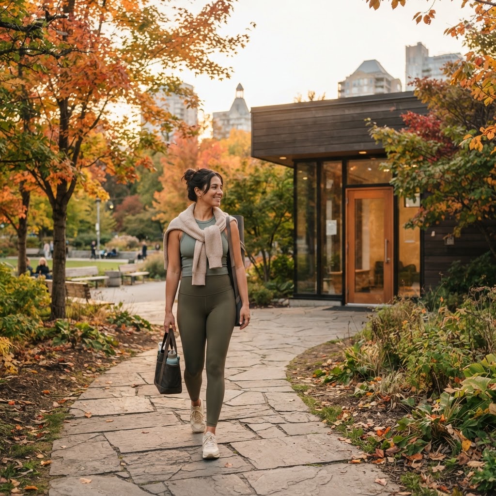 Person heading to a wellness activity outdoors