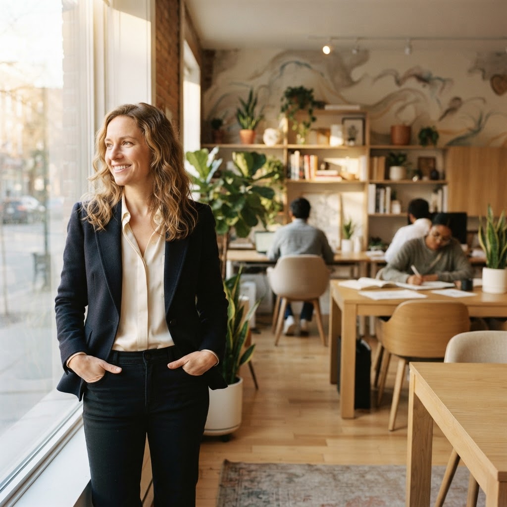 Business leader standing in bright sunlit office