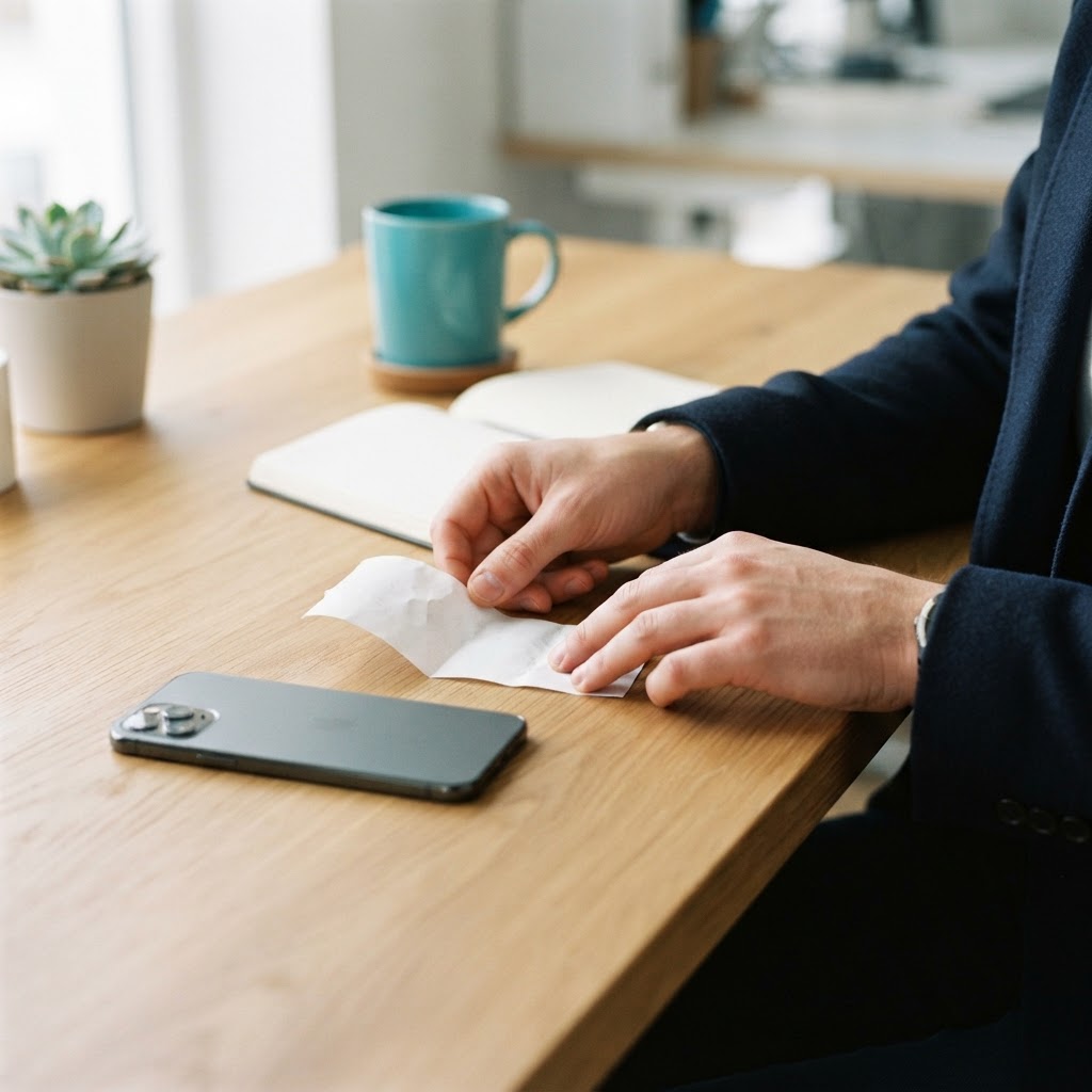 Close up of hands placing receipt on desk near phone
